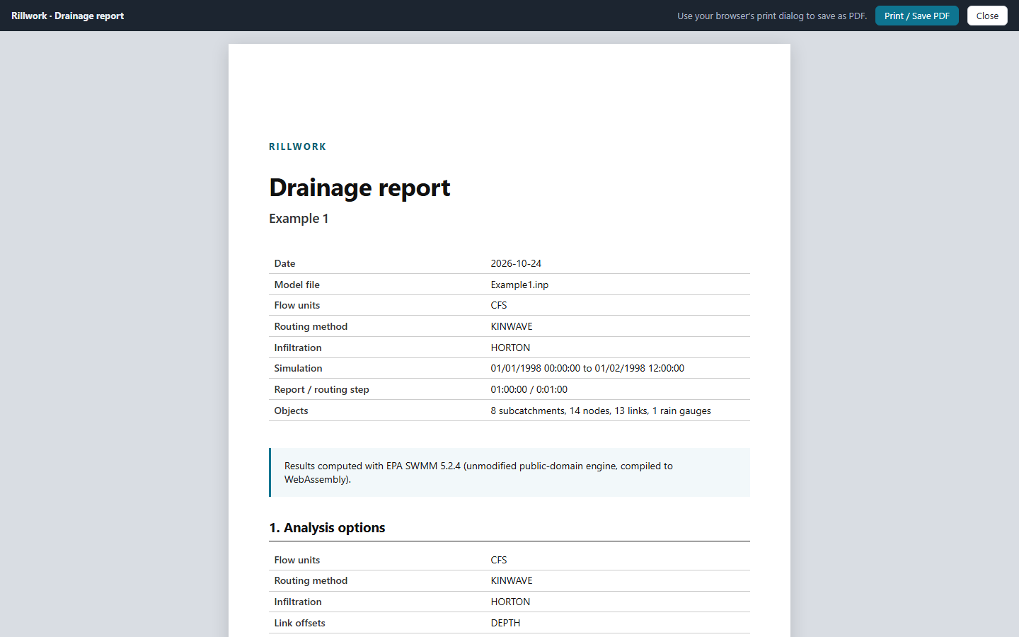 The printable drainage report view, with the engine statement and summary tables.