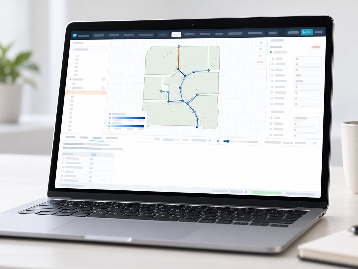 Illustration of a laptop running a drainage network editor like Rillwork's, with a dark toolbar, a network over green subcatchments and a properties panel.