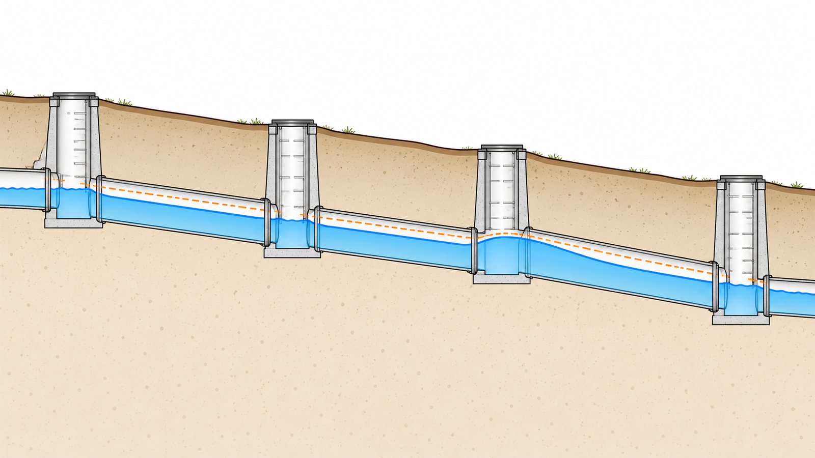 Illustration of a sewer long-section: ground line, manholes, pipes running downhill and the water surface inside them.
